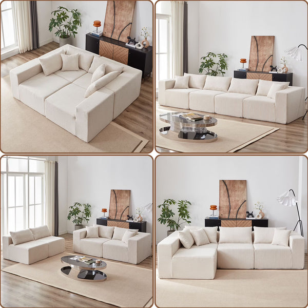 104" Corduroy Modular L-Shaped Sectional Sofa, 4-Piece Foam-Filled Floor Couch Set for Living Room or Bedroom
