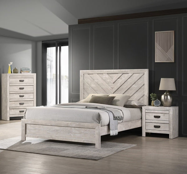 3pc Rustic Beige Gray Finish Bedroom Furniture Queen Size Bed Nightstand Chest Set