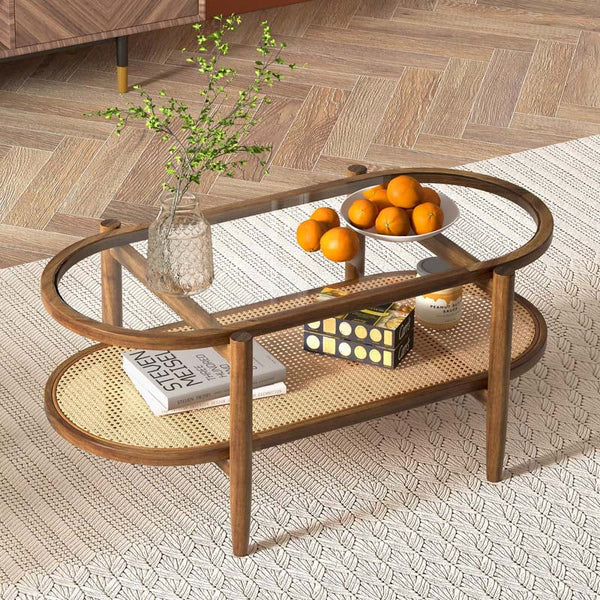 2-Tier Oval Boho Coffee Table with Tempered Glass Top, Rattan Shelf & Acacia Wood Frame, Mid Century Modern Center Table for Living Room Office